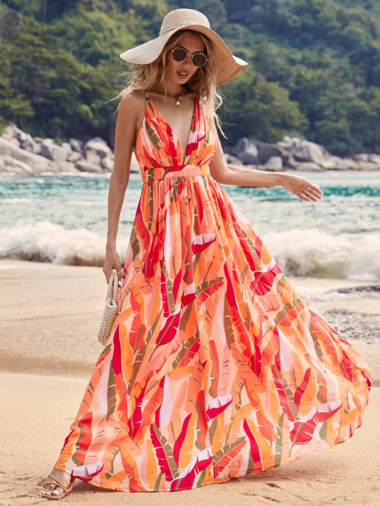 VCAY Beach Women Outfits Summer Bohemian Style Printed V-Neck Waist-Cinching Maxi Dress