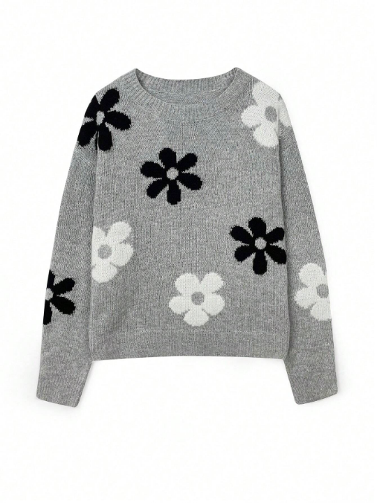 Women's Drop Shoulder Floral Pattern Sweater