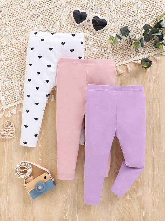 Baby Girls' 3pcs Casual Comfortable Solid Color Heart & Polka Dot Pattern Leggings Set