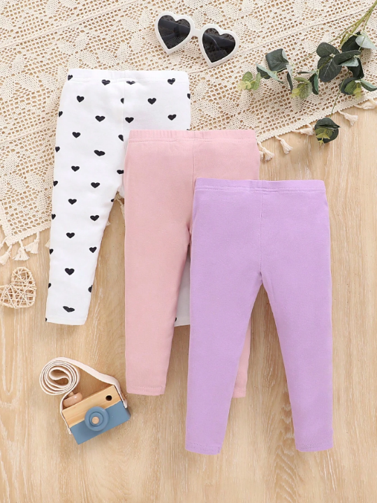 Baby Girls' 3pcs Casual Comfortable Solid Color Heart & Polka Dot Pattern Leggings Set