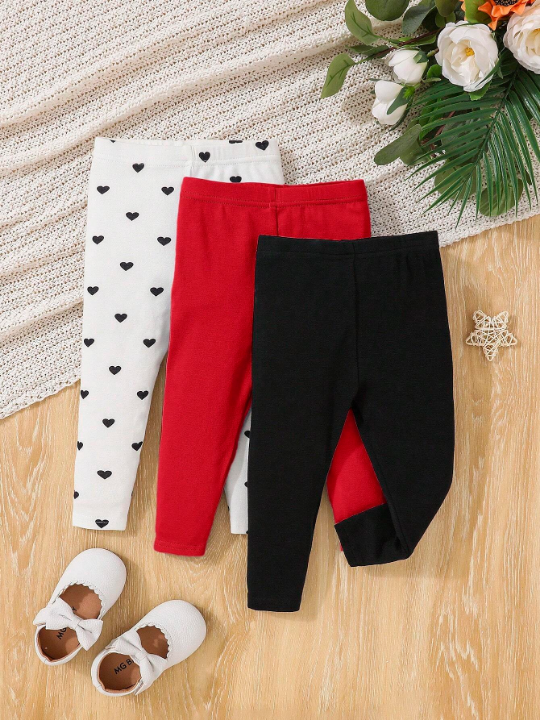 Baby Girl Casual & Comfortable Solid Color Heart & Polka Dot Print Leggings Set (3pcs)