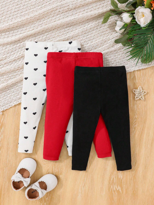 Baby Girl Casual & Comfortable Solid Color Heart & Polka Dot Print Leggings Set (3pcs)