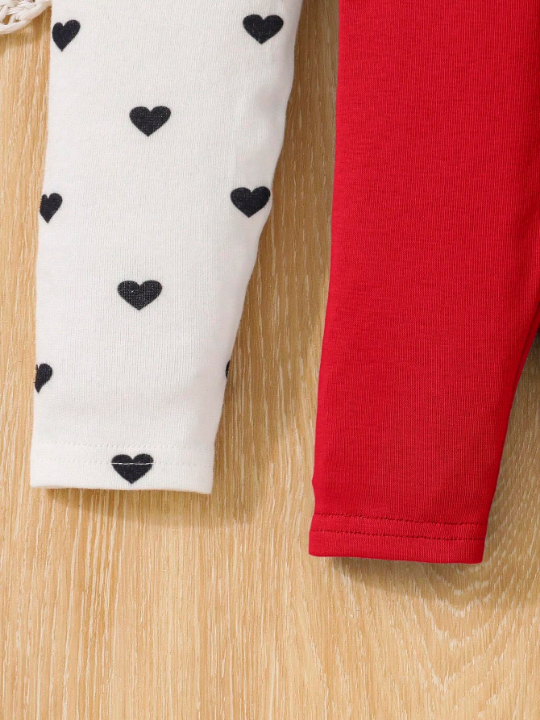 Baby Girl Casual & Comfortable Solid Color Heart & Polka Dot Print Leggings Set (3pcs)