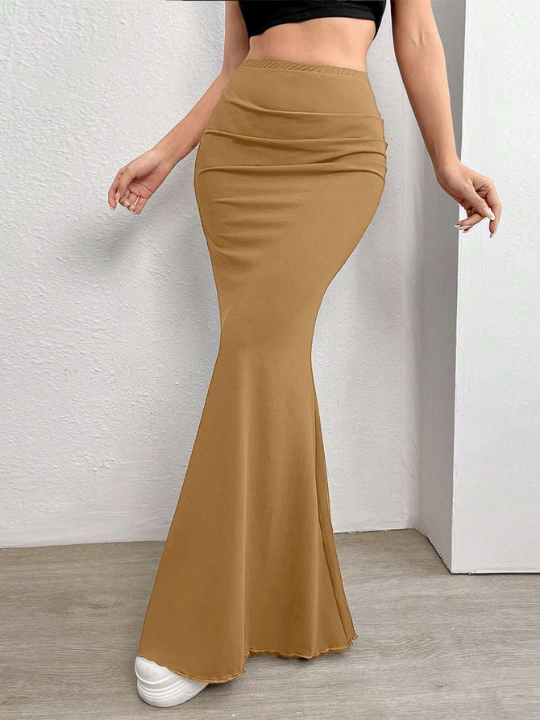 Frenchy Solid Color Pleated Mermaid Style Skirt