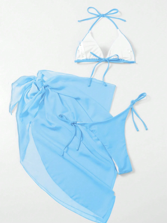 Swim Vcay Solid Bikini Set Triangle Bra & Tie Side Bottom & Beach Skirt 3 Piece Bathing Suit