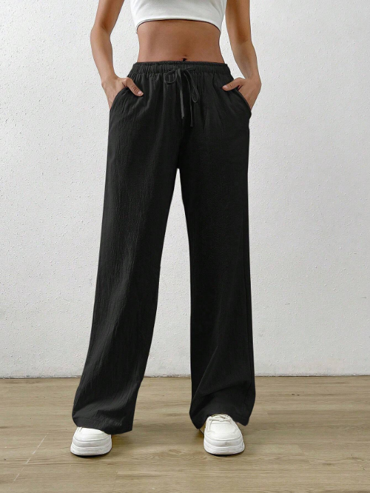 EZwear Summer Black Drawstring Waist Slant Pocket Pants Dress Pants