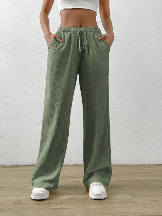 EZwear Drawstring Waist Slant Pocket Green Pants