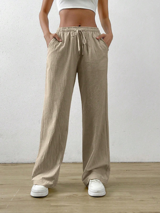 EZwear Solid Color Drawstring Bow-tie Waist Long Pants