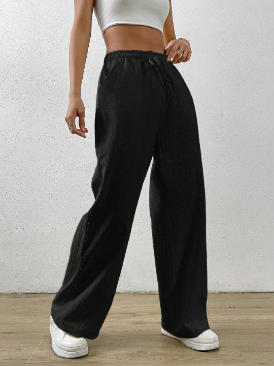 EZwear Summer Black Drawstring Waist Slant Pocket Pants Dress Pants