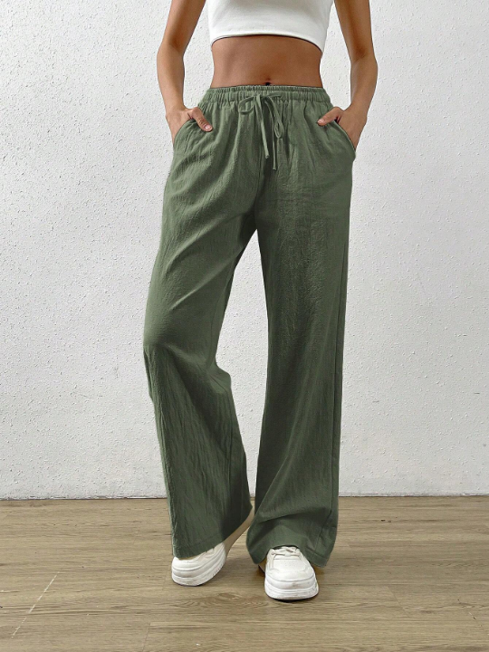 EZwear Drawstring Waist Slant Pocket Green Pants