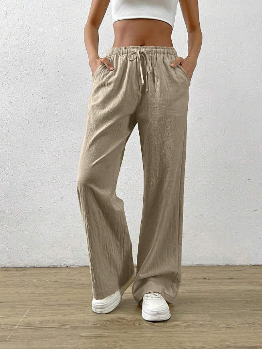 EZwear Solid Color Drawstring Bow-tie Waist Long Pants