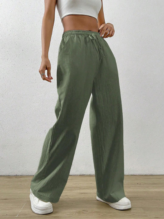 EZwear Drawstring Waist Slant Pocket Green Pants