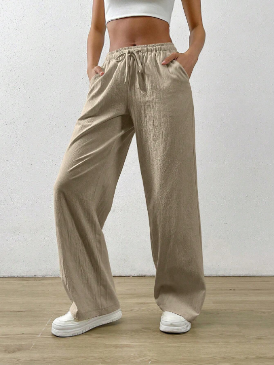 EZwear Solid Color Drawstring Bow-tie Waist Long Pants