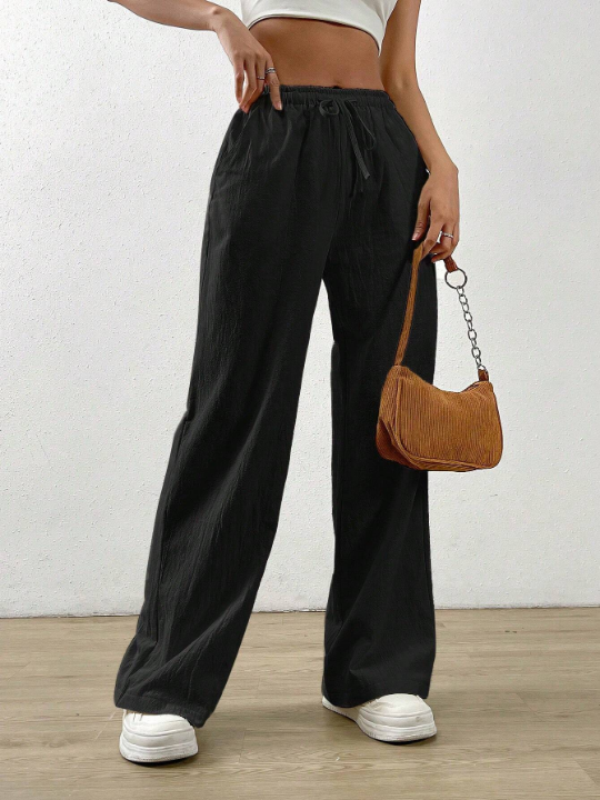 EZwear Summer Black Drawstring Waist Slant Pocket Pants Dress Pants