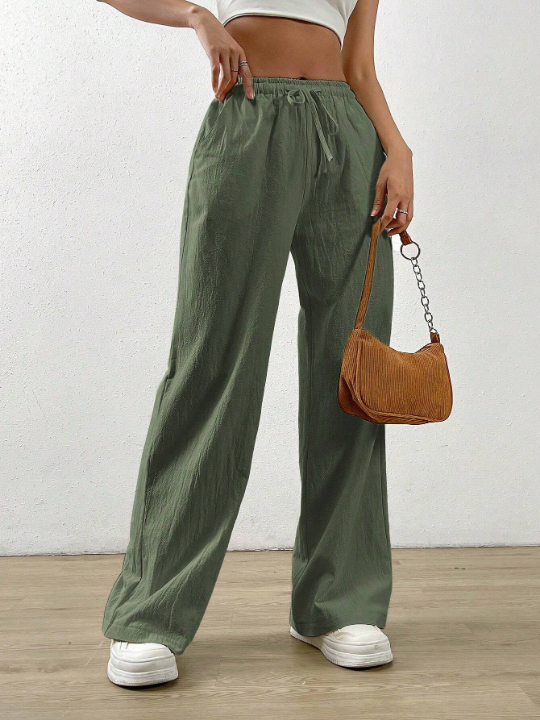 EZwear Drawstring Waist Slant Pocket Green Pants