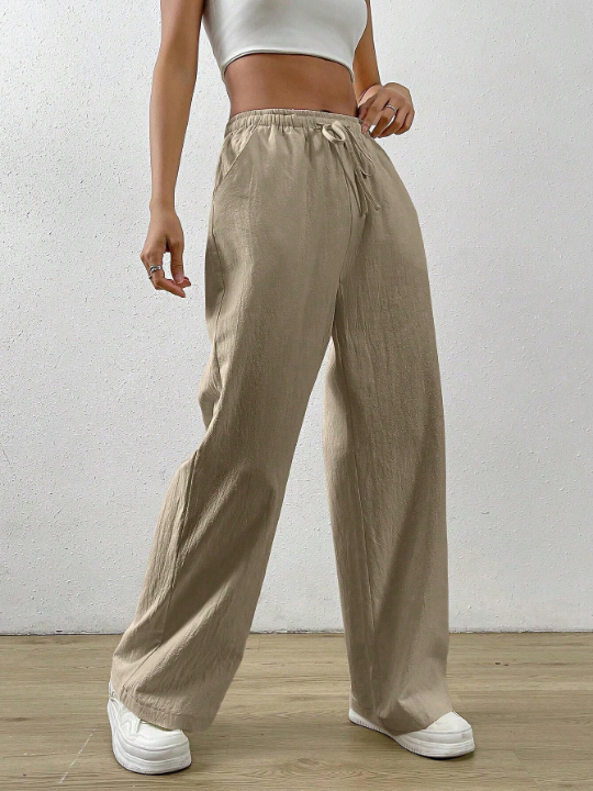 EZwear Solid Color Drawstring Bow-tie Waist Long Pants