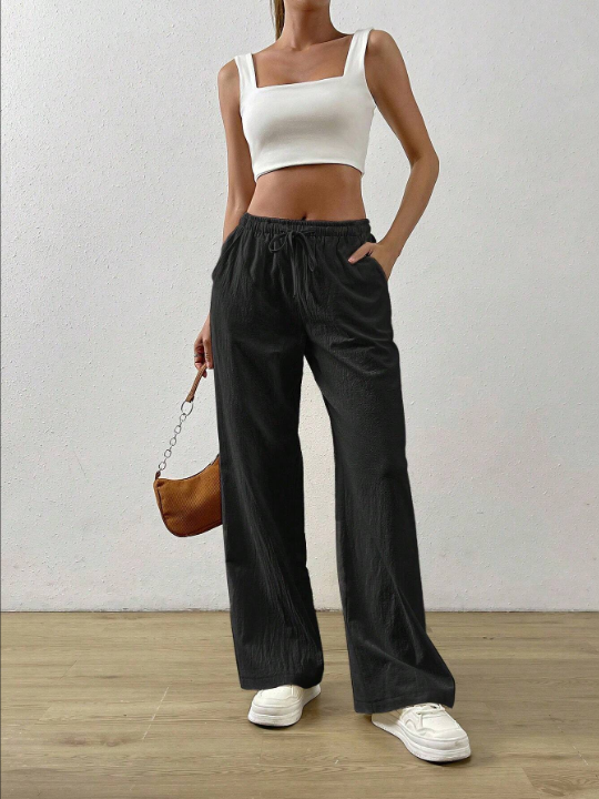 EZwear Summer Black Drawstring Waist Slant Pocket Pants Dress Pants