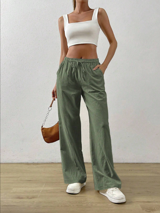 EZwear Drawstring Waist Slant Pocket Green Pants