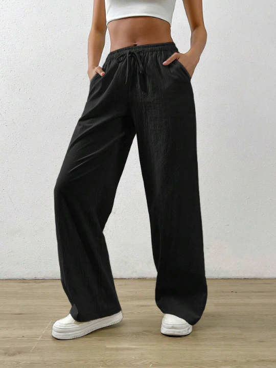 EZwear Summer Black Drawstring Waist Slant Pocket Pants Dress Pants