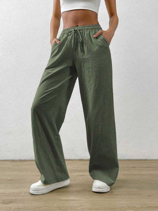 EZwear Drawstring Waist Slant Pocket Green Pants