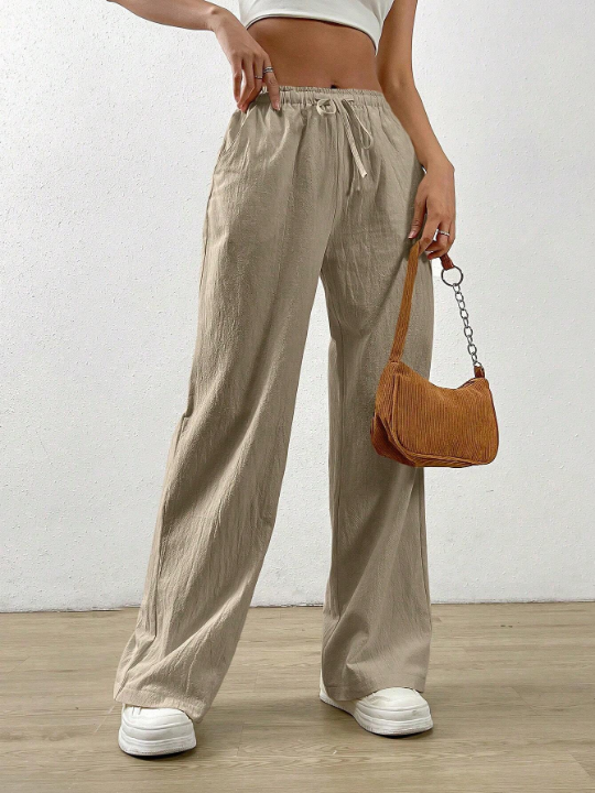 EZwear Solid Color Drawstring Bow-tie Waist Long Pants