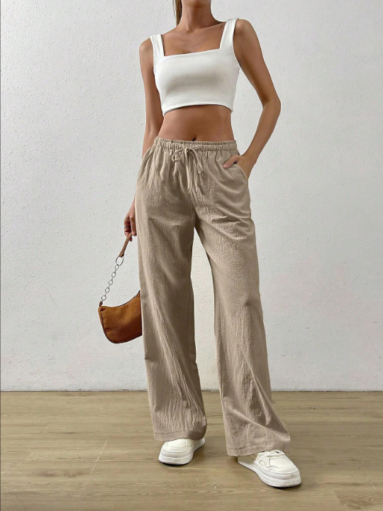 EZwear Solid Color Drawstring Bow-tie Waist Long Pants