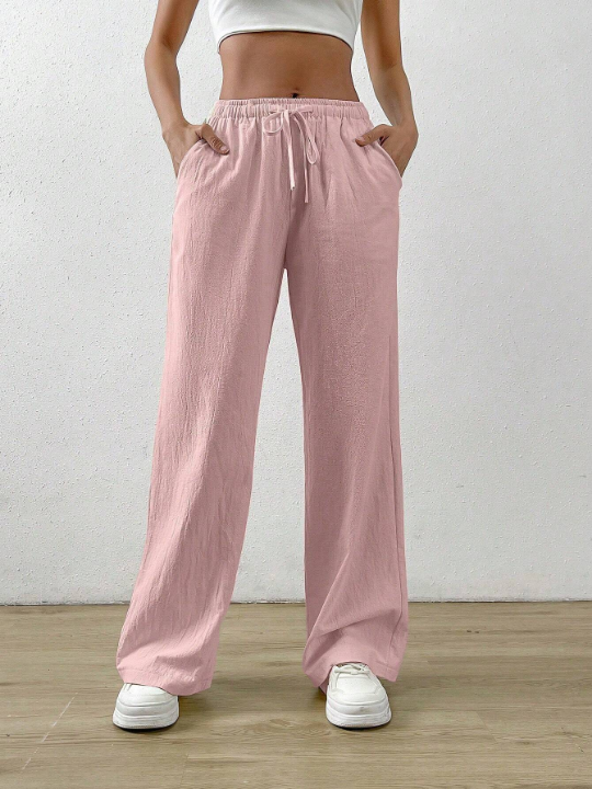 EZwear Drawstring Waist Slant Pocket Wide Leg Pants