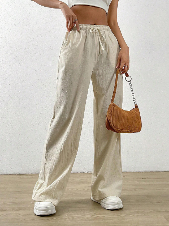 EZwear Apricot Cotton And Linen Loose Straight Drawstring Waist Slant Pocket Pants