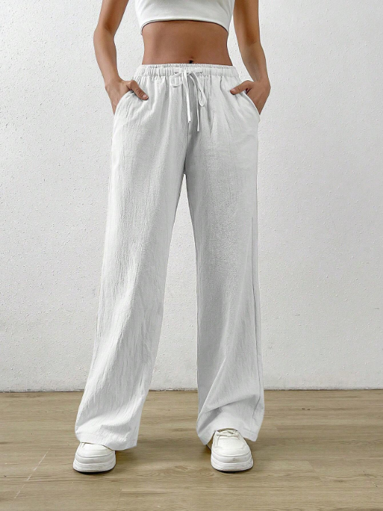 EZwear Summer White Drawstring Waist Slant Pocket Pants Dress Pants