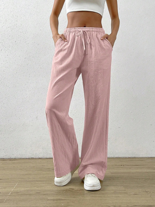 EZwear Drawstring Waist Slant Pocket Wide Leg Pants