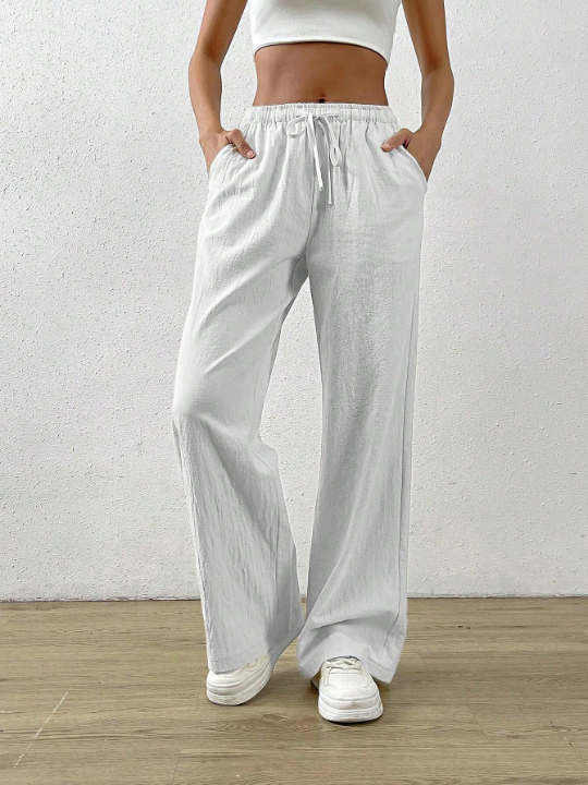 EZwear Summer White Drawstring Waist Slant Pocket Pants Dress Pants