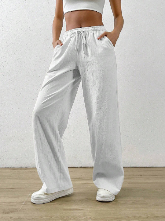 EZwear Summer White Drawstring Waist Slant Pocket Pants Dress Pants