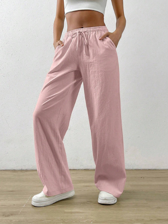 EZwear Drawstring Waist Slant Pocket Wide Leg Pants