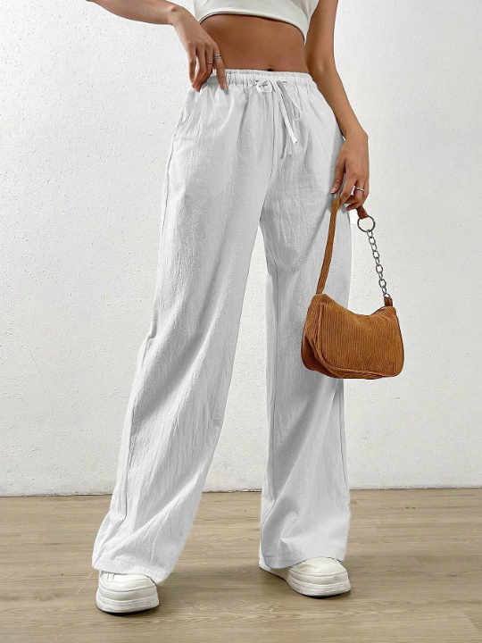 EZwear Summer White Drawstring Waist Slant Pocket Pants Dress Pants