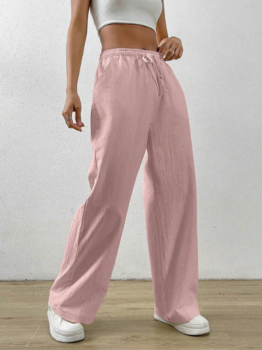 EZwear Drawstring Waist Slant Pocket Wide Leg Pants