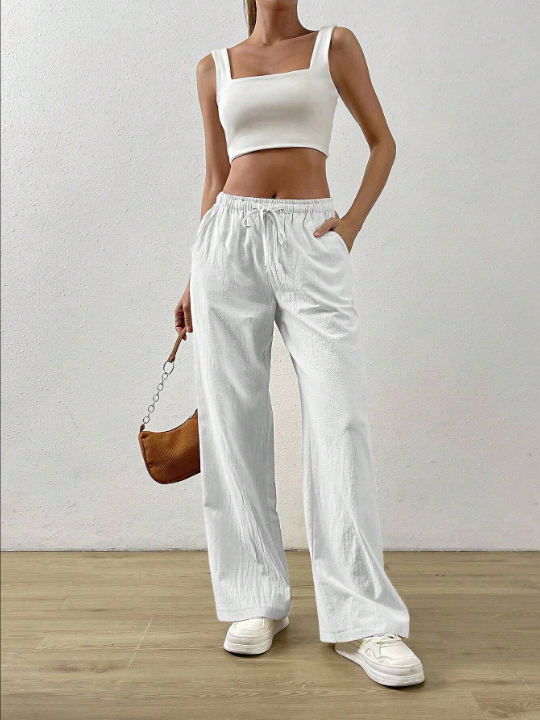 EZwear Summer White Drawstring Waist Slant Pocket Pants Dress Pants