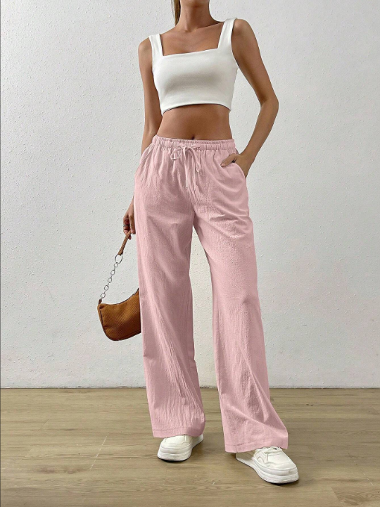 EZwear Drawstring Waist Slant Pocket Wide Leg Pants