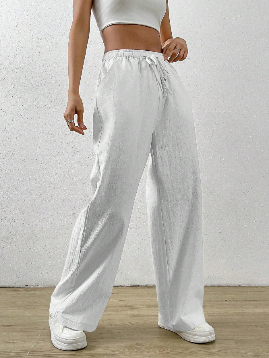 EZwear Summer White Drawstring Waist Slant Pocket Pants Dress Pants