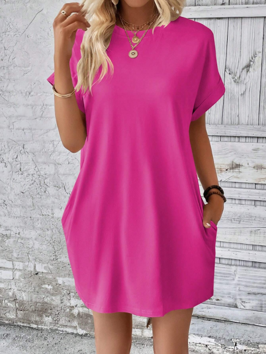 LUNE Loose Solid Color Round Neck Batwing Sleeve Dress