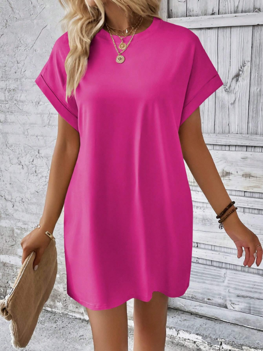 LUNE Loose Solid Color Round Neck Batwing Sleeve Dress