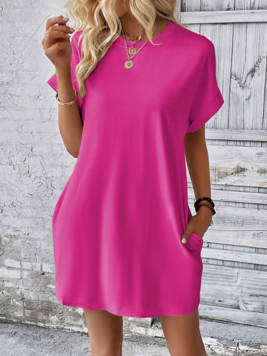 LUNE Loose Solid Color Round Neck Batwing Sleeve Dress