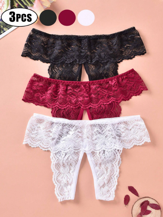 3pcs Sexy Butterfly Open Crotch Women's Thongs Temptation Erotic Lingerie Lace See-Through T-Shaped Panties