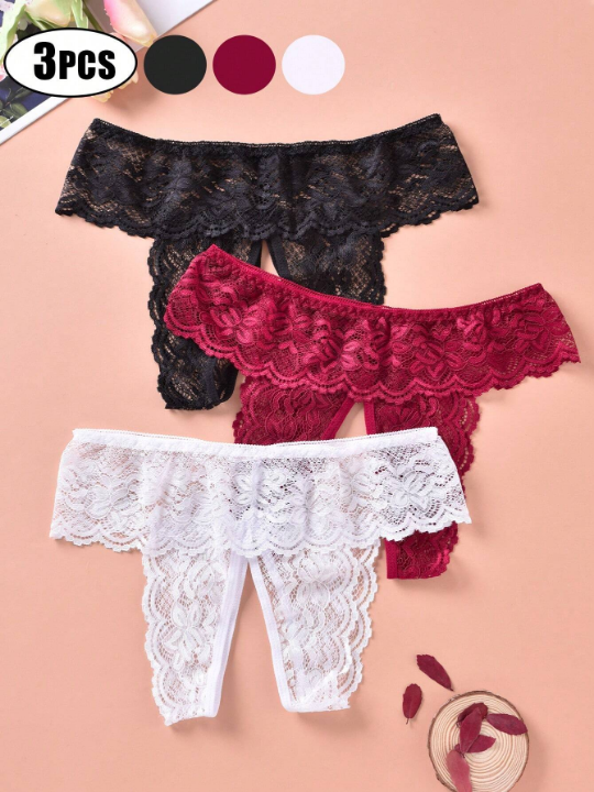 3pcs Sexy Butterfly Open Crotch Women's Thongs Temptation Erotic Lingerie Lace See-Through T-Shaped Panties