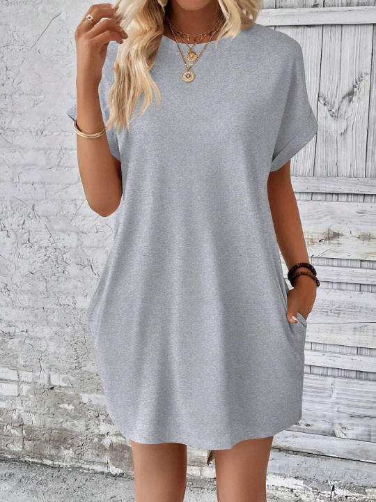 LUNE Loose Fit Solid Color Round Neck Batwing Sleeve Dress