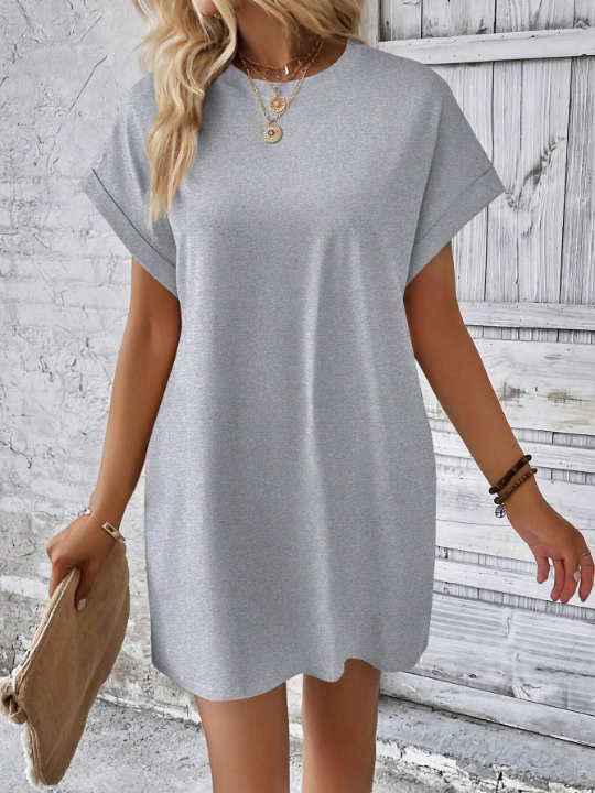 LUNE Loose Fit Solid Color Round Neck Batwing Sleeve Dress