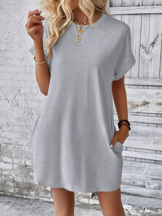 LUNE Loose Fit Solid Color Round Neck Batwing Sleeve Dress