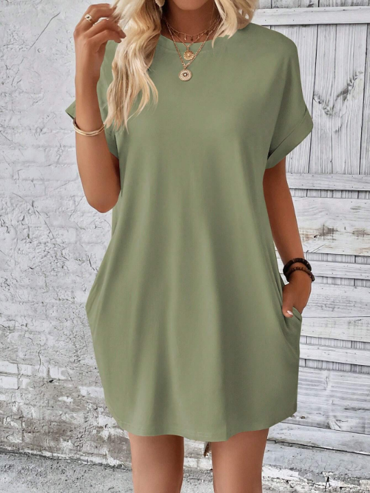 LUNE Loose-Fit Batwing Sleeve Solid Color Round Neck Dress