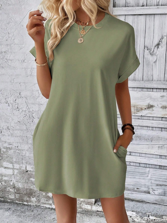 LUNE Loose-Fit Batwing Sleeve Solid Color Round Neck Dress