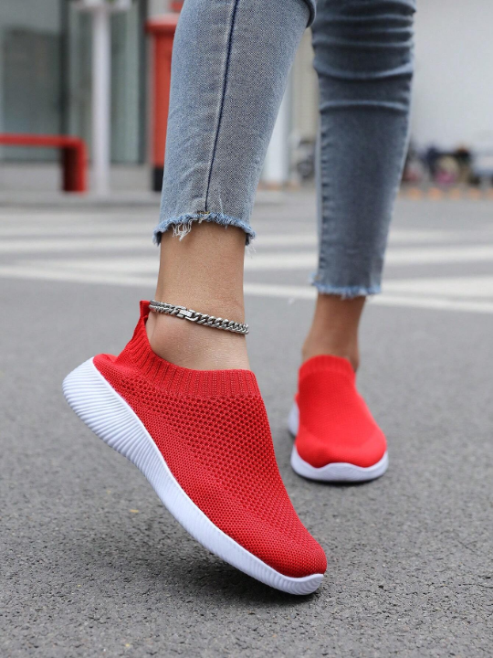 Spring And Autumn Fashionable Lightweight Breathable Slip-On Women's Running Shoes In Red Color