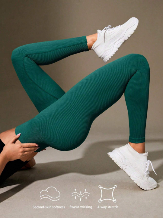 Yoga Basic Solid Color Ribbed Texture Elastic Sports Leggings